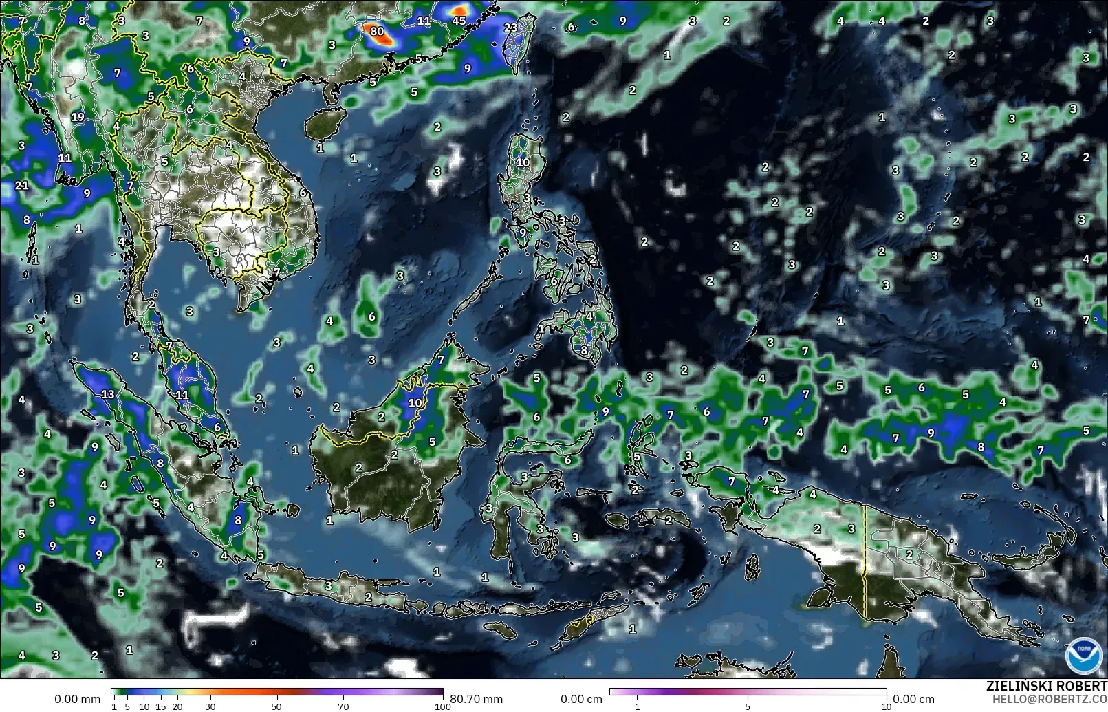 GFS model - South East Asia, Precipitation, Clouds, and Pressure
