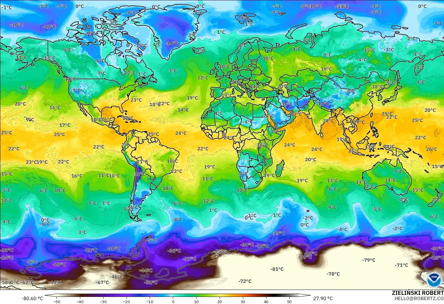 GFS model - World, Dewpoint at 2m