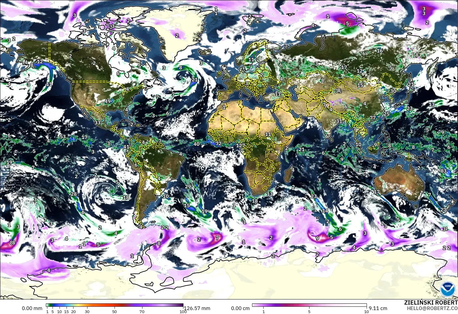 GFS model - World, Precipitation, Clouds, and Pressure