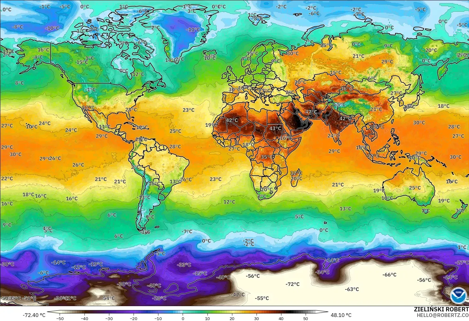 GFS model - World, Temperature at 2m
