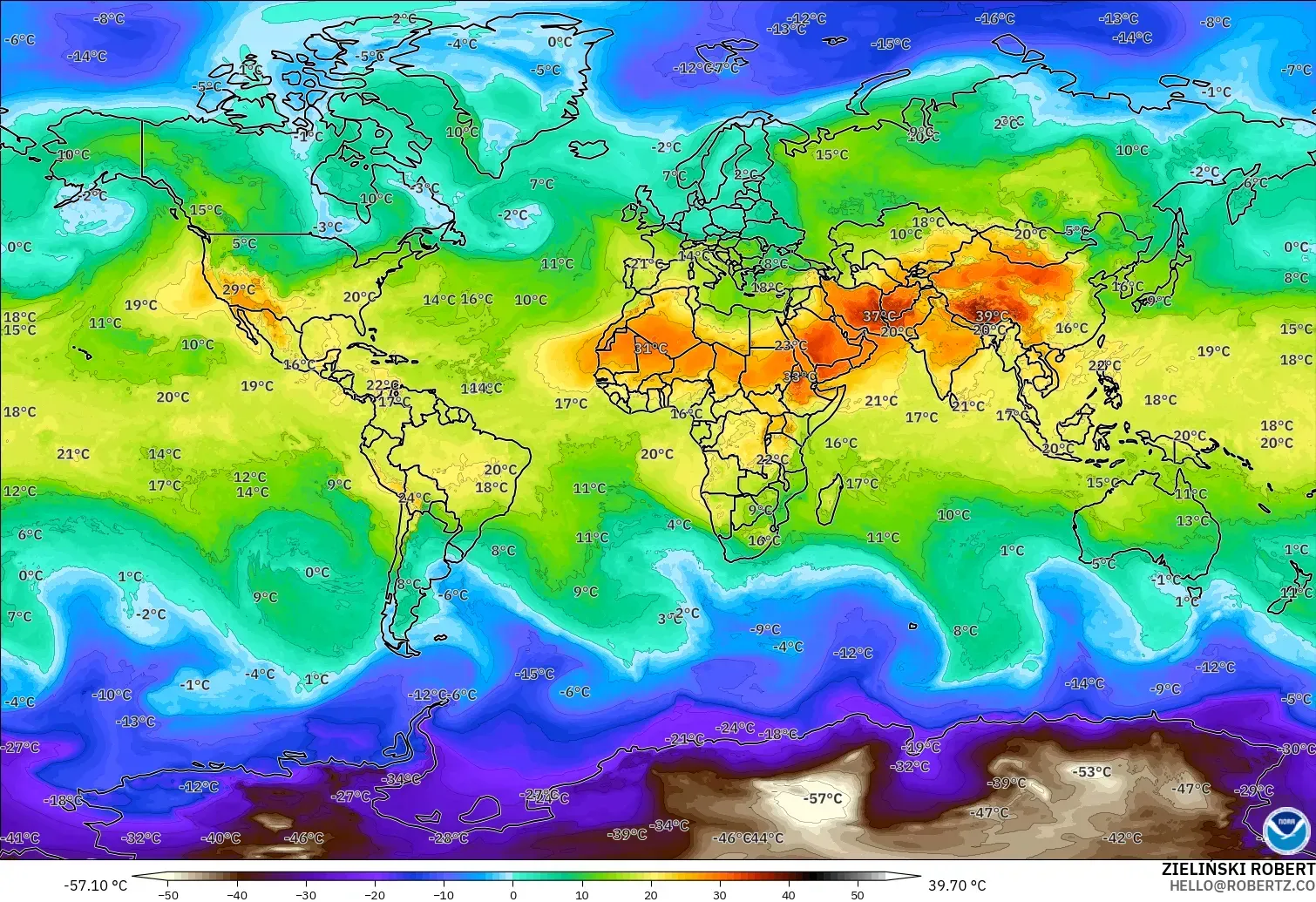 GFS model - World, Temperature at 850hPa