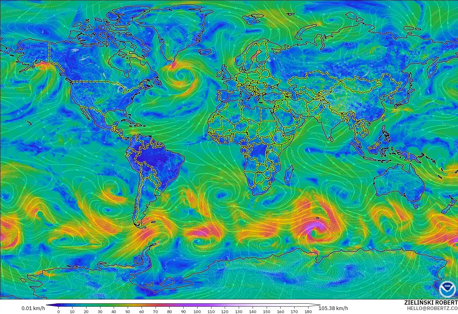 GFS model - World, Wind at 10m