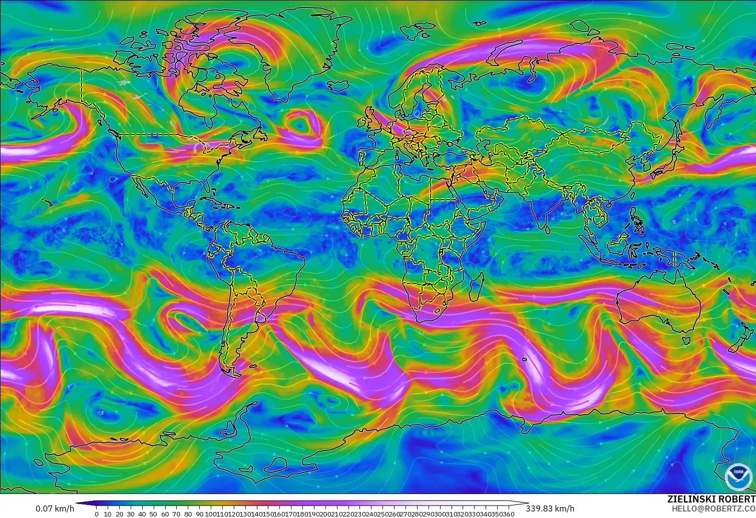 GFS model - World, Wind at 300hPa (jet stream)