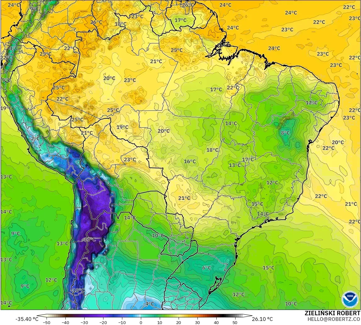 GFS model - Brazil, Dewpoint at 2m