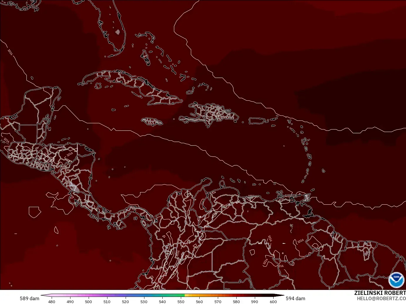 GFS model - Caribbean, Geopotential height at 500hPa