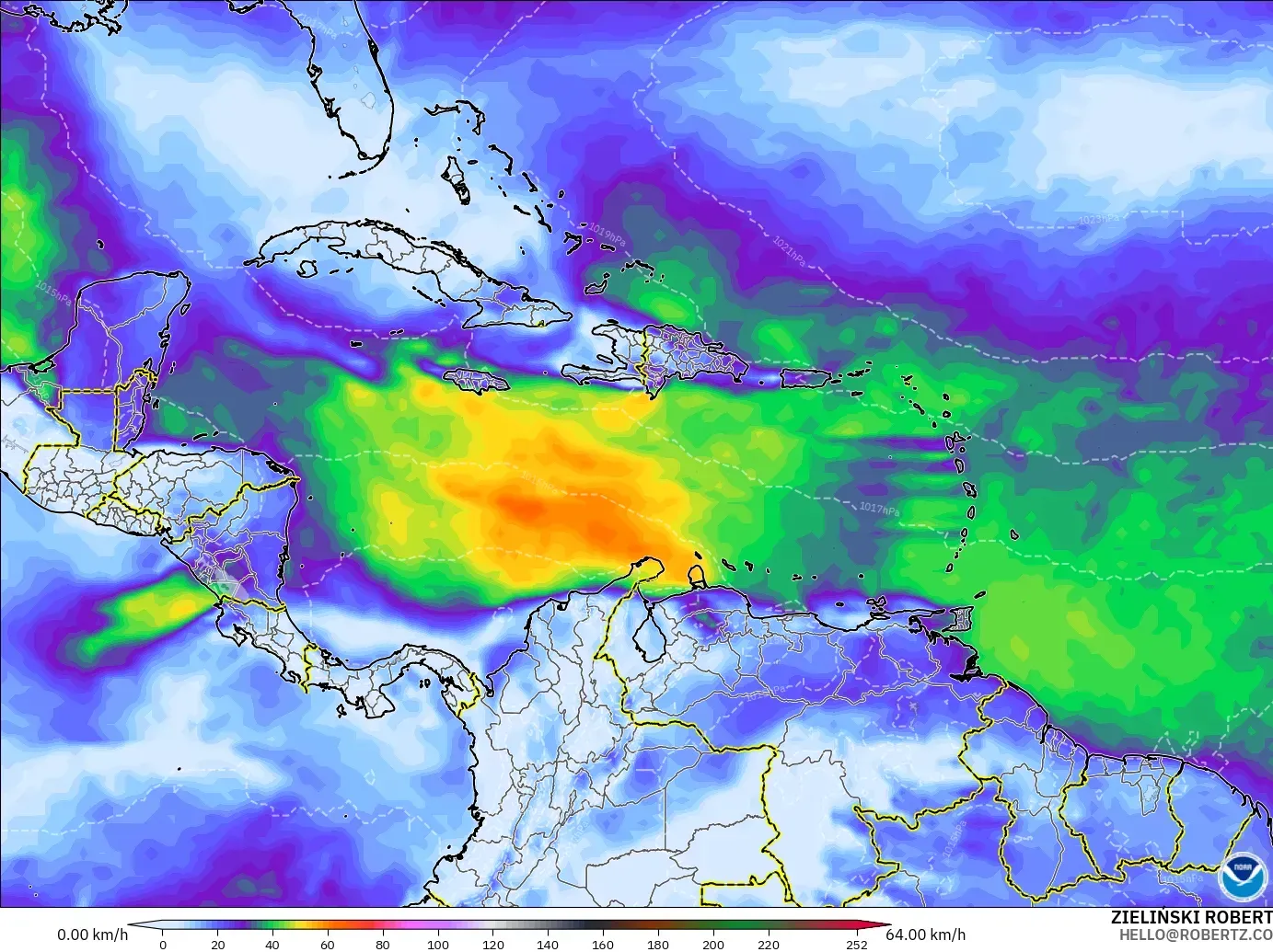 GFS model - Caribbean, Wind Gusts