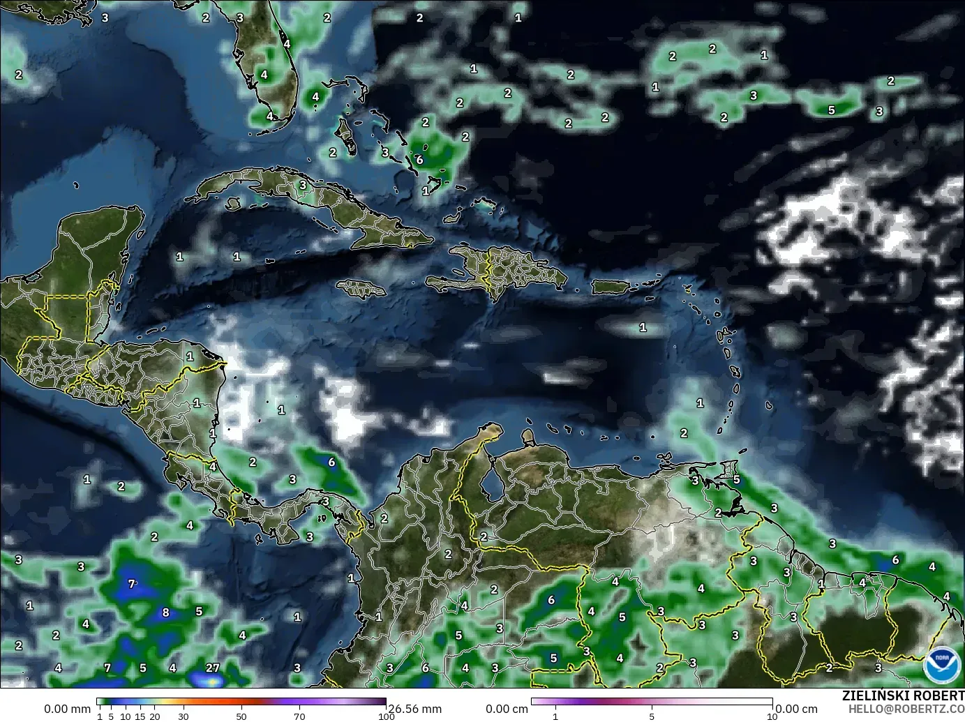 GFS model - Caribbean, Precipitation, Clouds, and Pressure