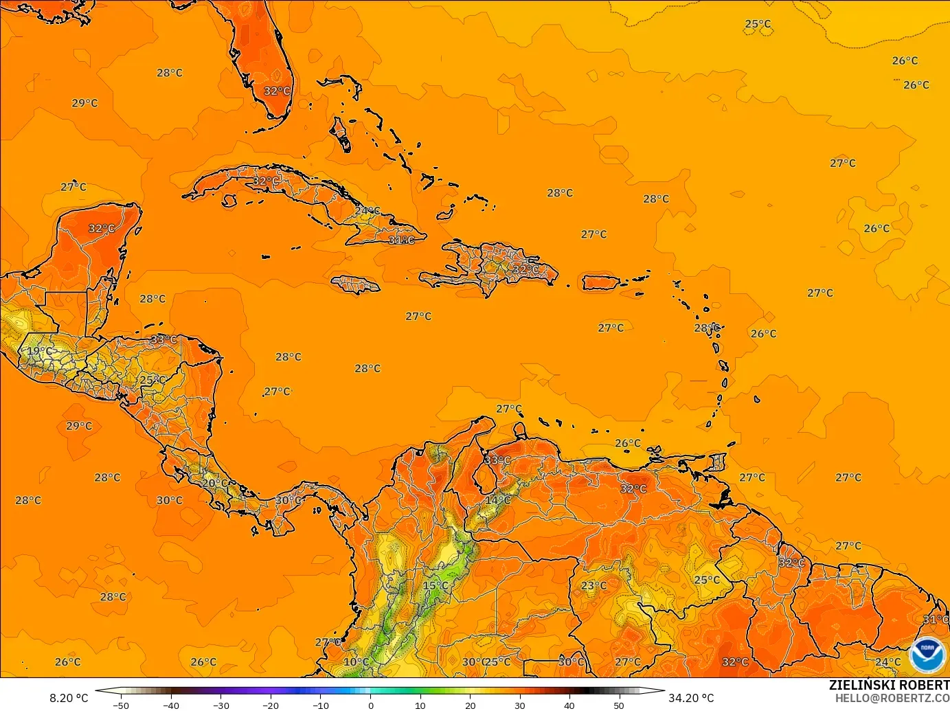 GFS model - Caribbean, Temperature at 2m