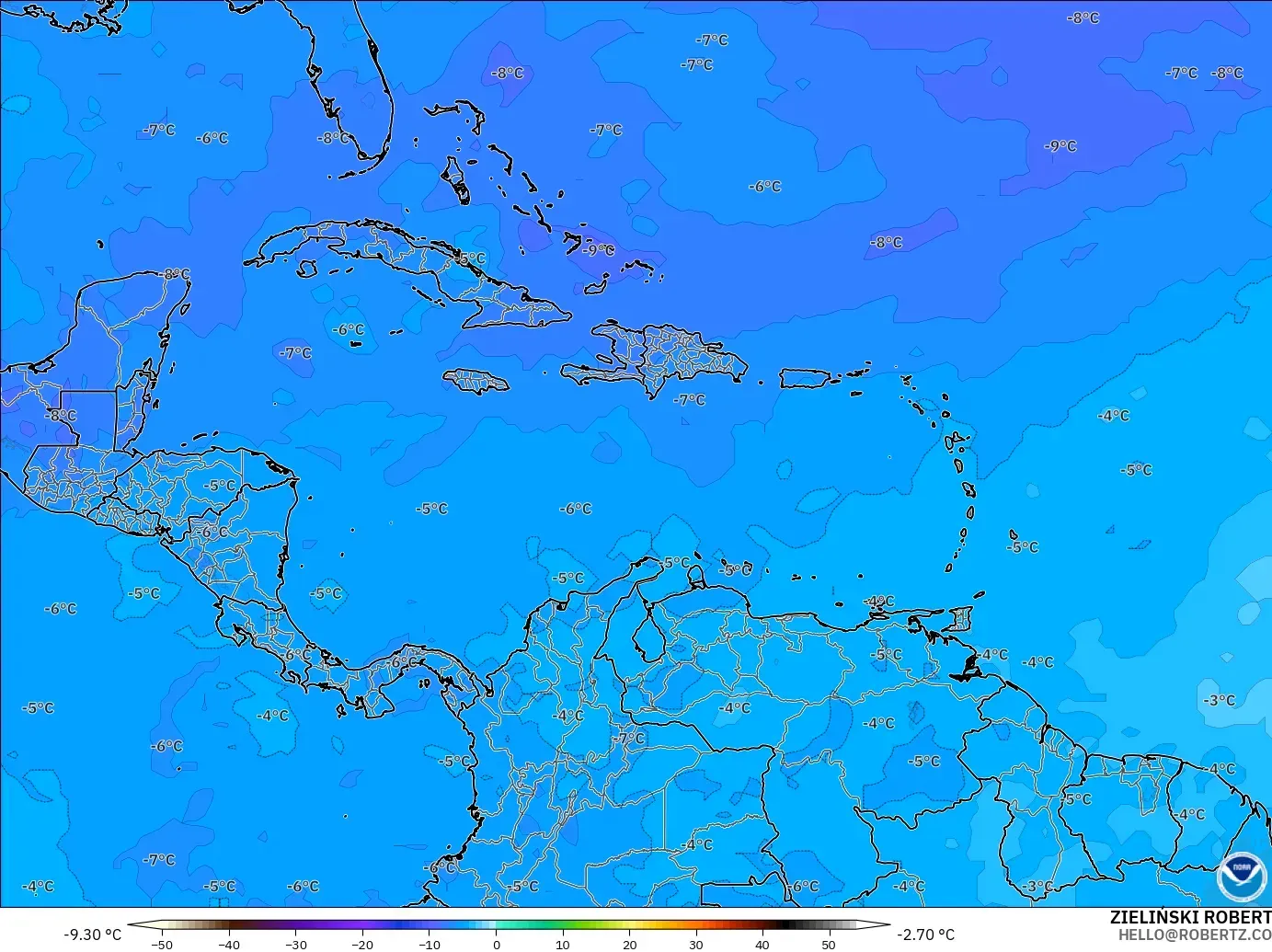 GFS model - Caribbean, Temperature at 500hPa