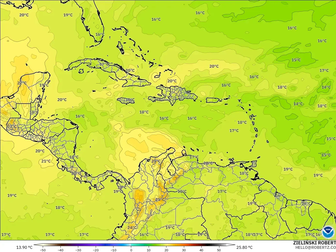 GFS model - Caribbean, Temperature at 850hPa