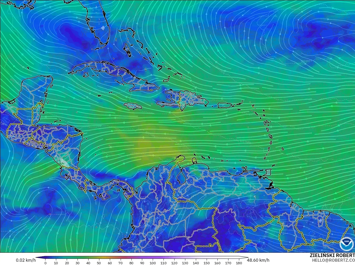 GFS model - Caribbean, Wind at 10m