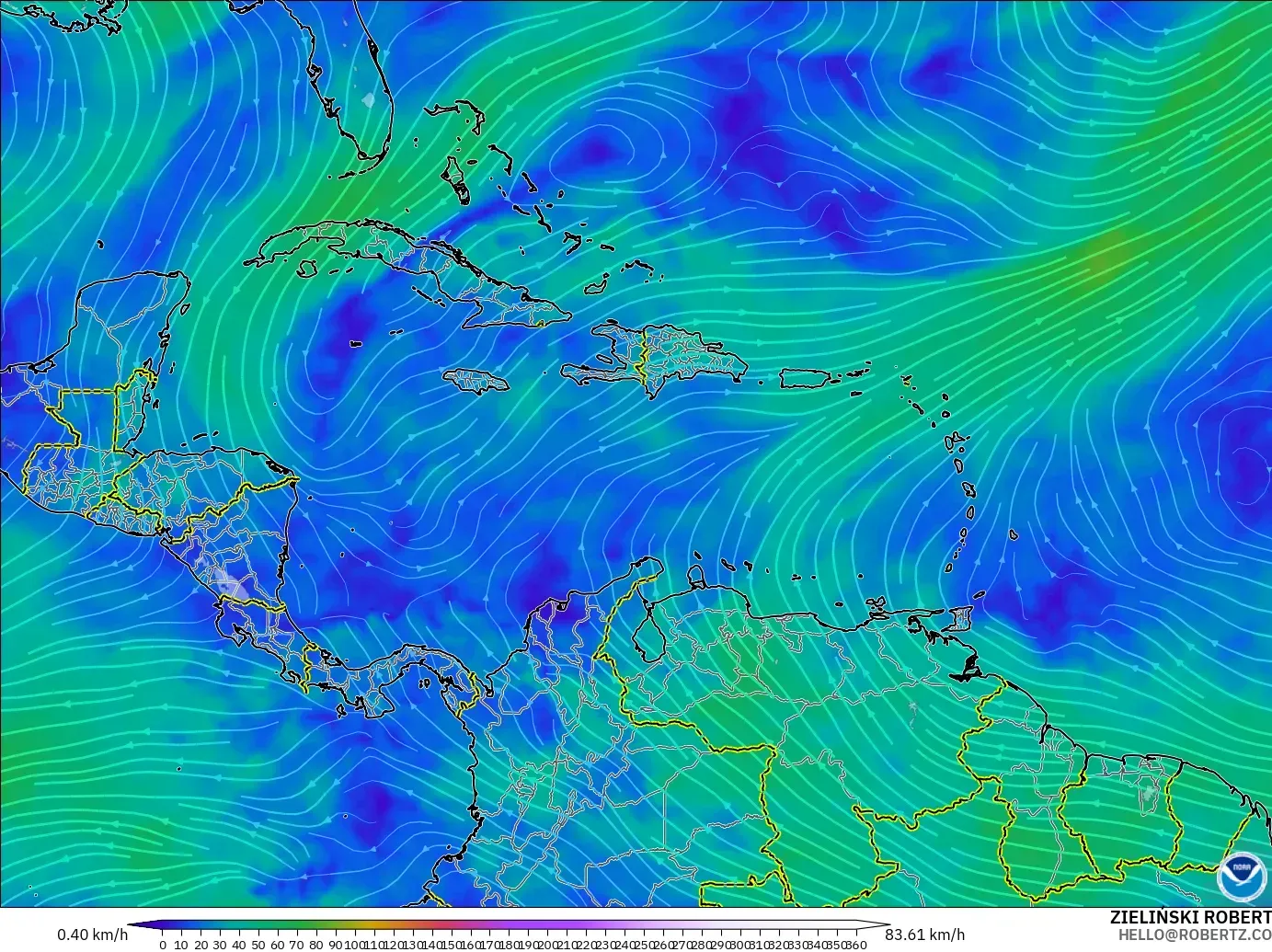 GFS model - Caribbean, Wind at 300hPa (jet stream)