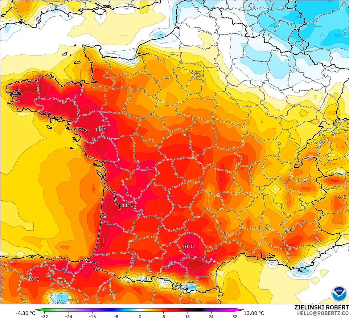 GFS model - France, Temperature at 2m Anomaly