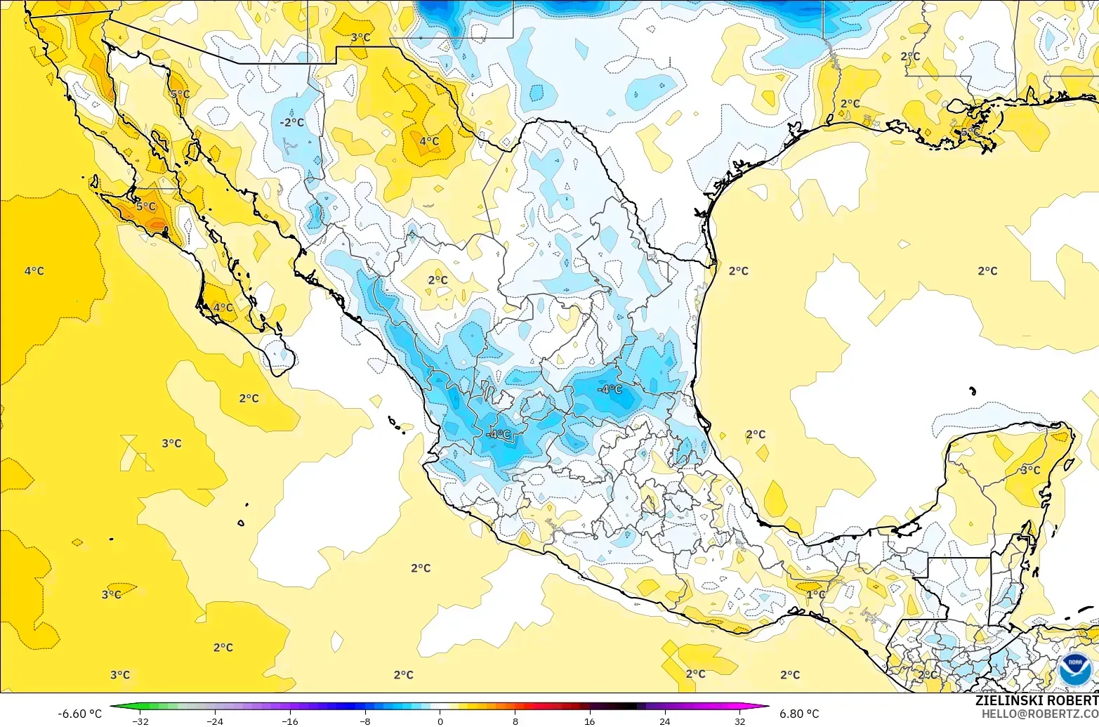 GFS model - Mexico, Temperature at 2m Anomaly