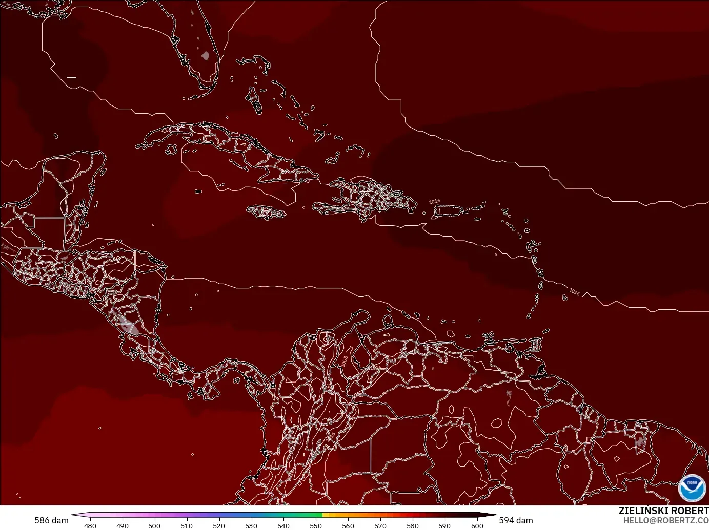 GFS model - Caribbean, Geopotential height at 500hPa