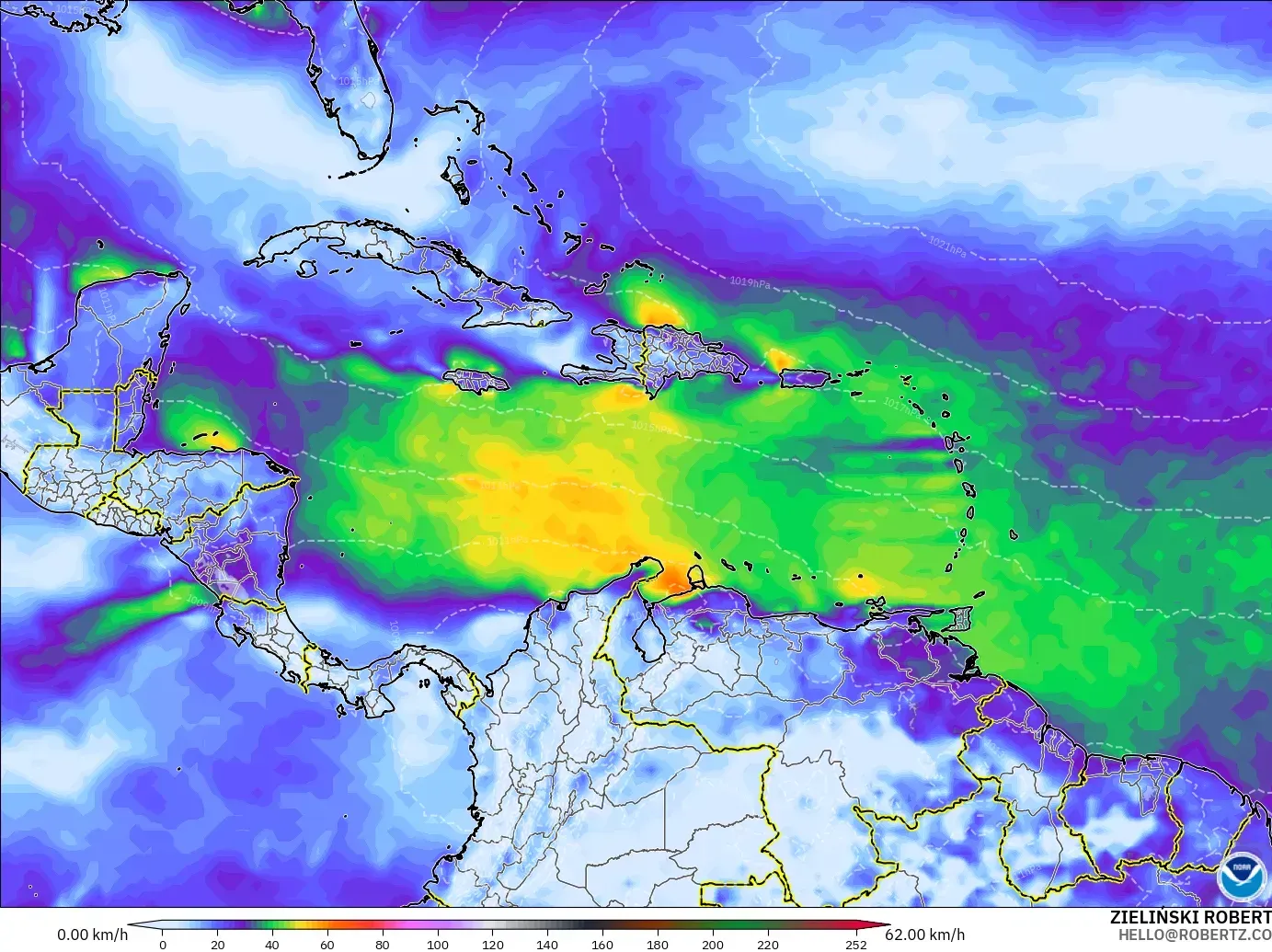 GFS model - Caribbean, Wind Gusts Peak