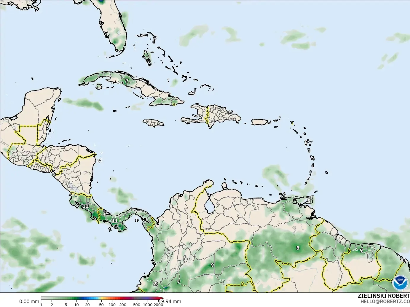 GFS model - Caribbean, Precipitation Accumulation
