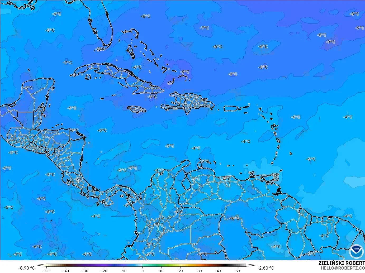 GFS model - Caribbean, Temperature at 500hPa