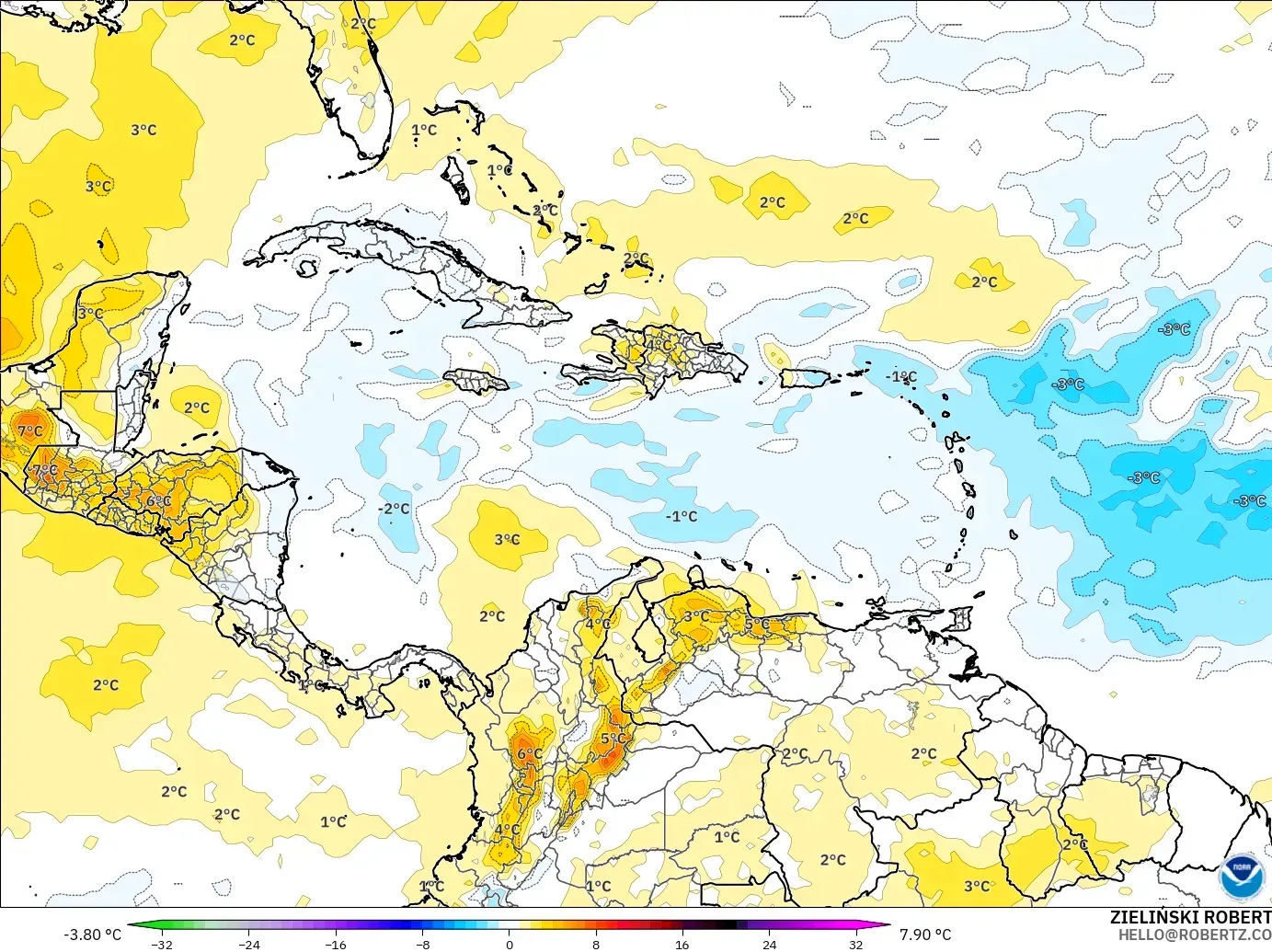GFS model - Caribbean, Temperature at 850hPa Anomaly