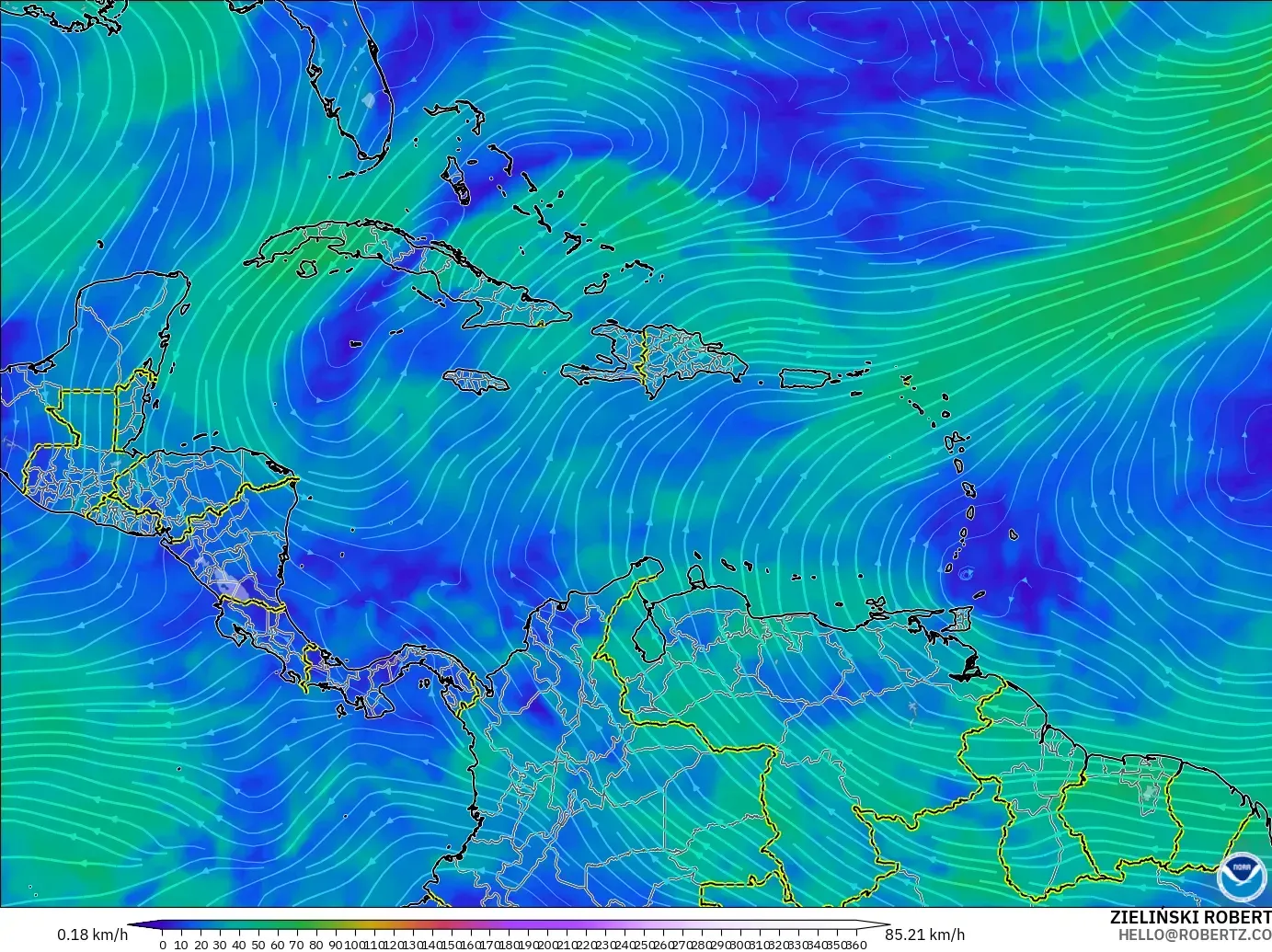 GFS model - Caribbean, Wind at 300hPa (jet stream)