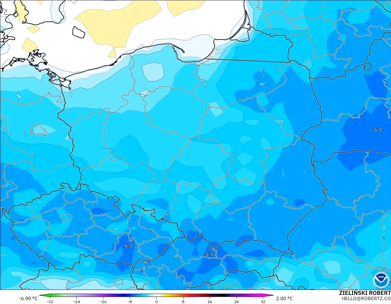 GFS model - Poland, Temperature at 2m Anomaly