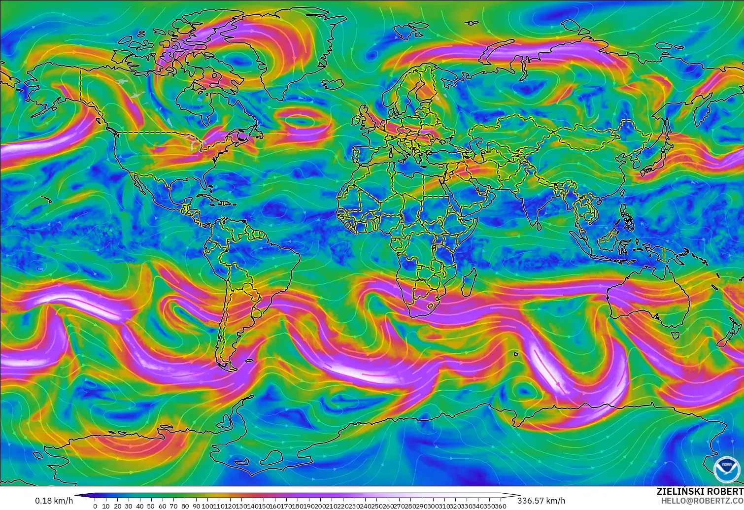 GFS model - World, Wind at 300hPa (jet stream)