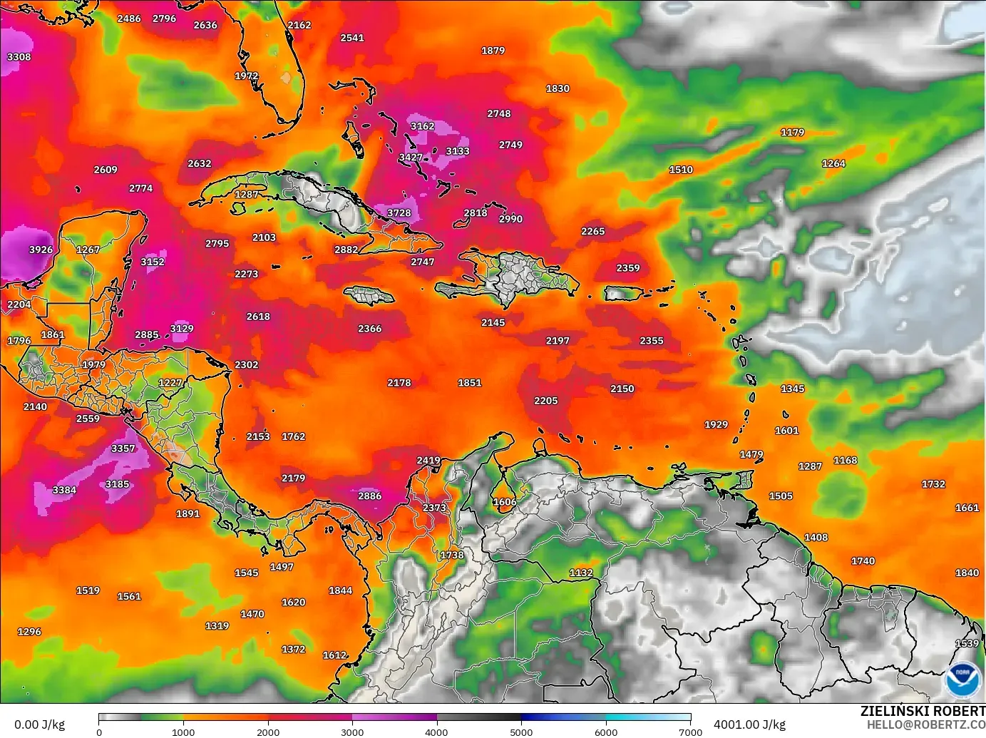 GFS model - Caribbean, CAPE