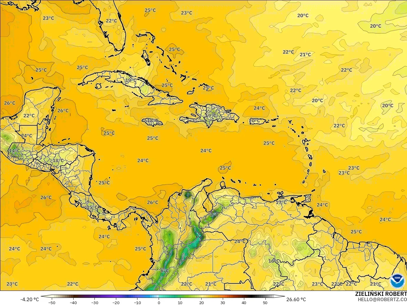 GFS model - Caribbean, Dewpoint at 2m