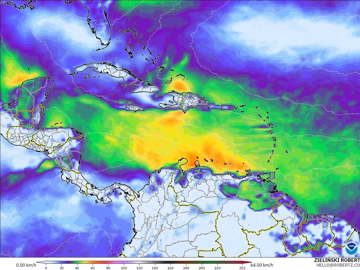 GFS model - Caribbean, Wind Gusts Peak