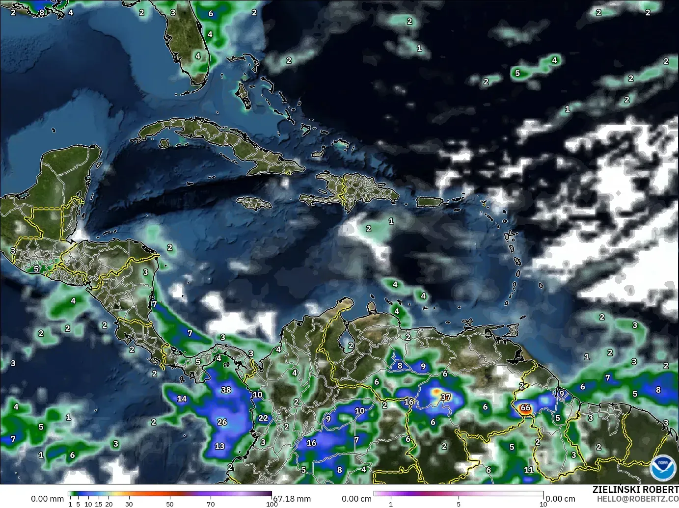 GFS model - Caribbean, Precipitation, Clouds, and Pressure