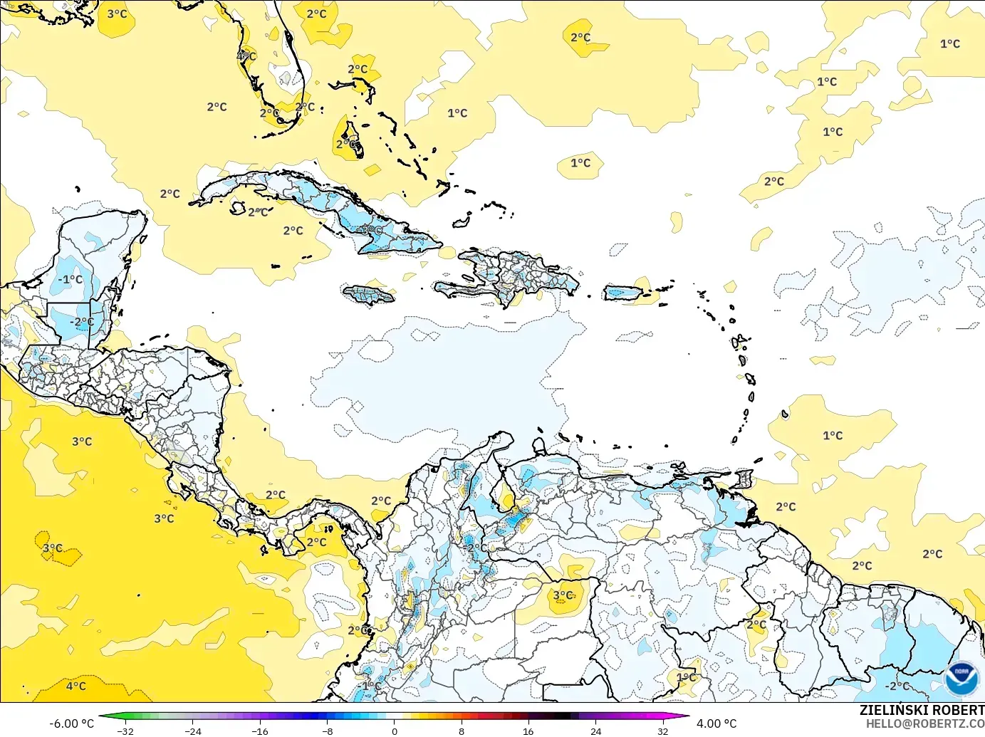 GFS model - Caribbean, Temperature at 2m Anomaly