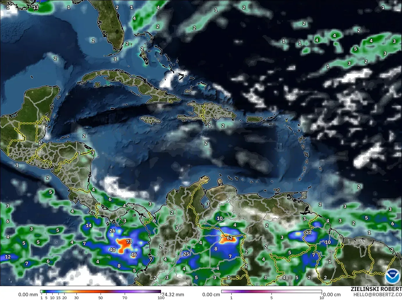 GFS model - Caribbean, Precipitation, Clouds, and Pressure