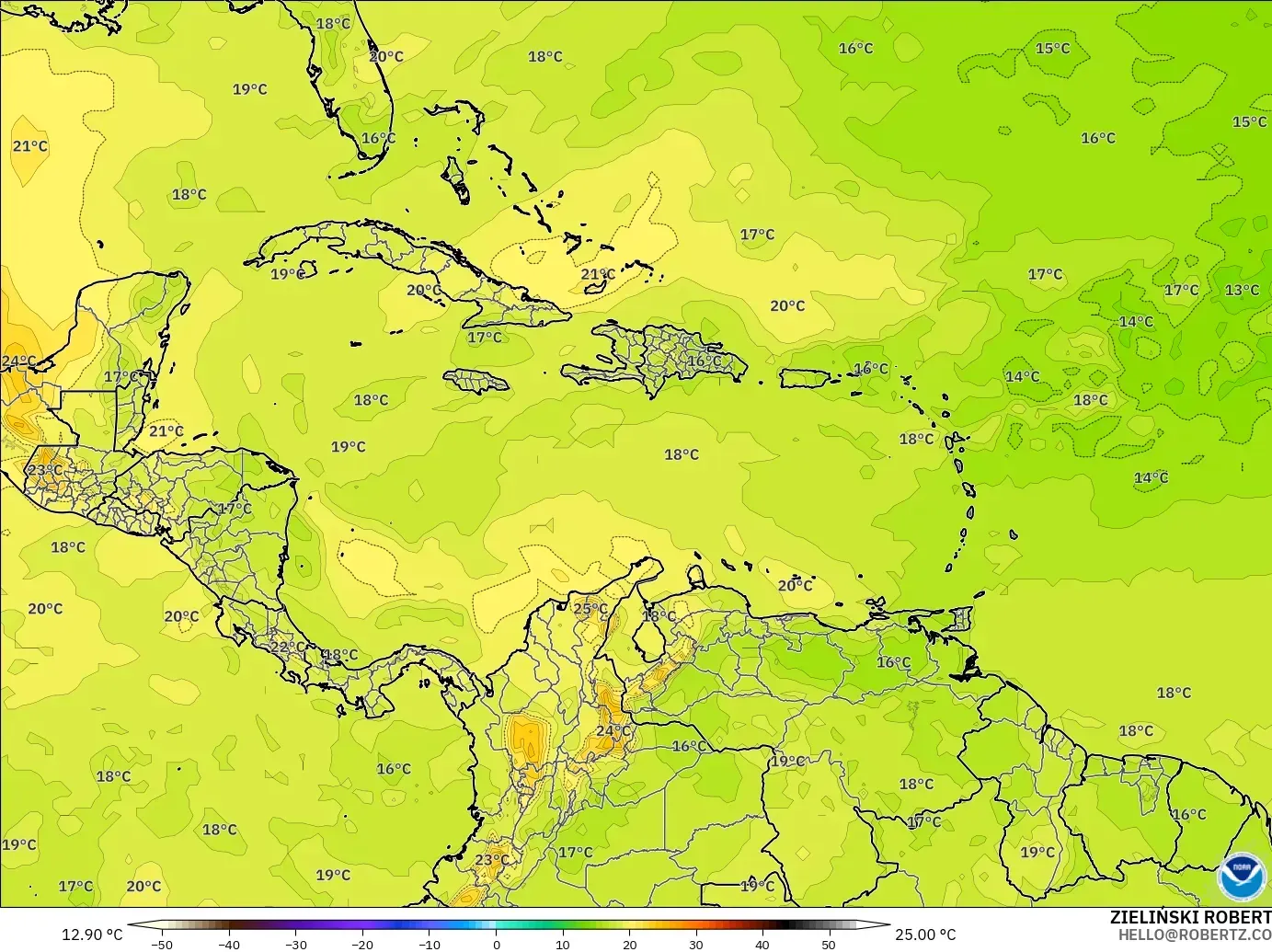 GFS model - Caribbean, Temperature at 850hPa