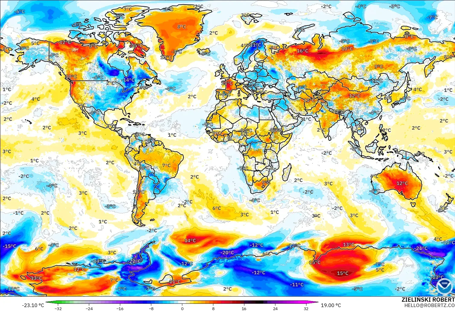 GFS model - World, Temperature at 2m Anomaly