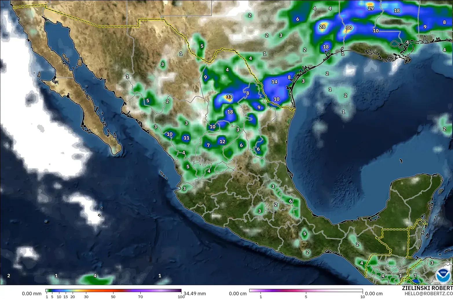 GFS model - Mexico, Precipitation, Clouds, and Pressure