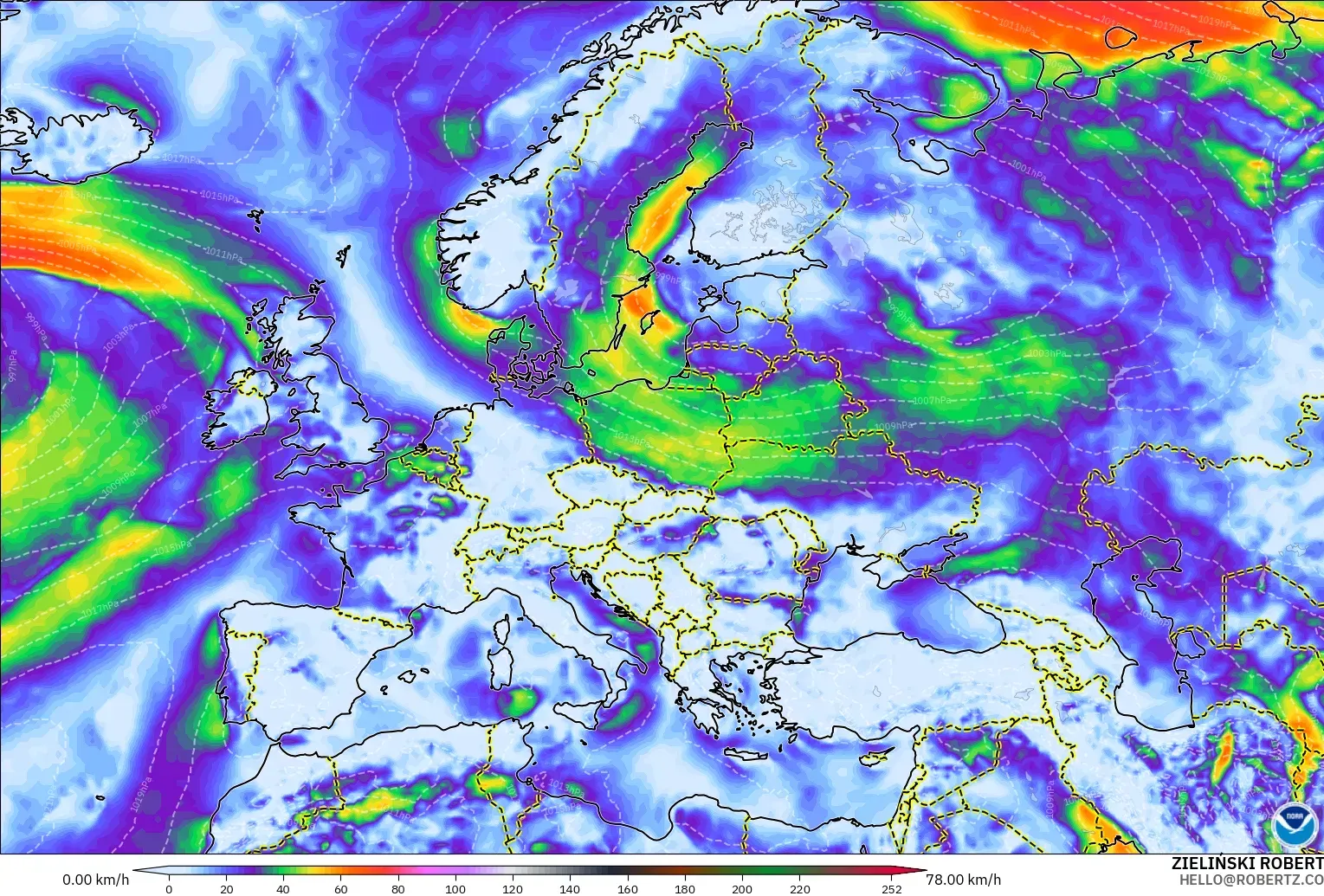 GFS model - Europe, Wind Gusts