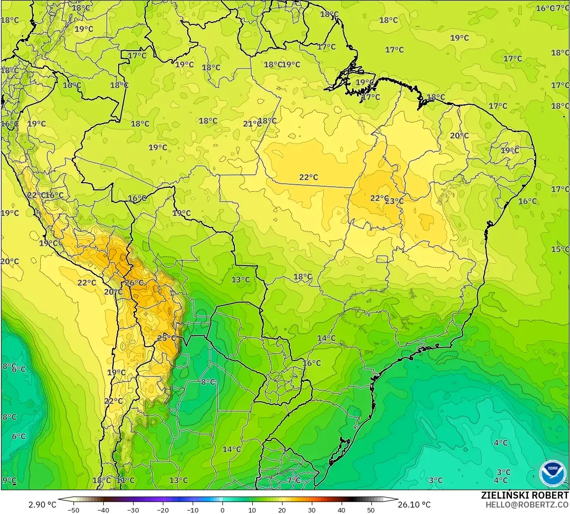 GFS model - Brazil, Temperature at 850hPa