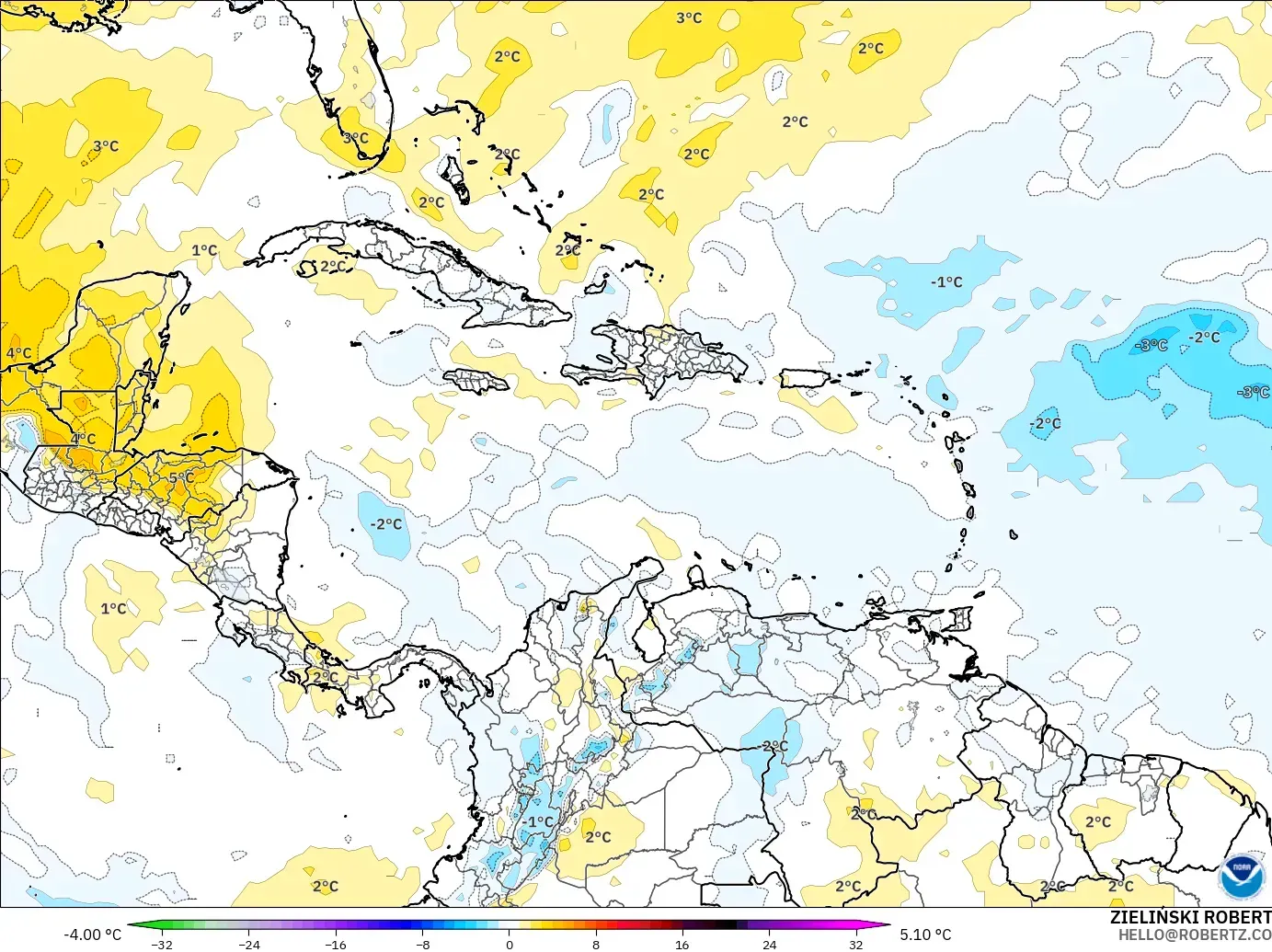 GFS model - Caribbean, Temperature at 850hPa Anomaly