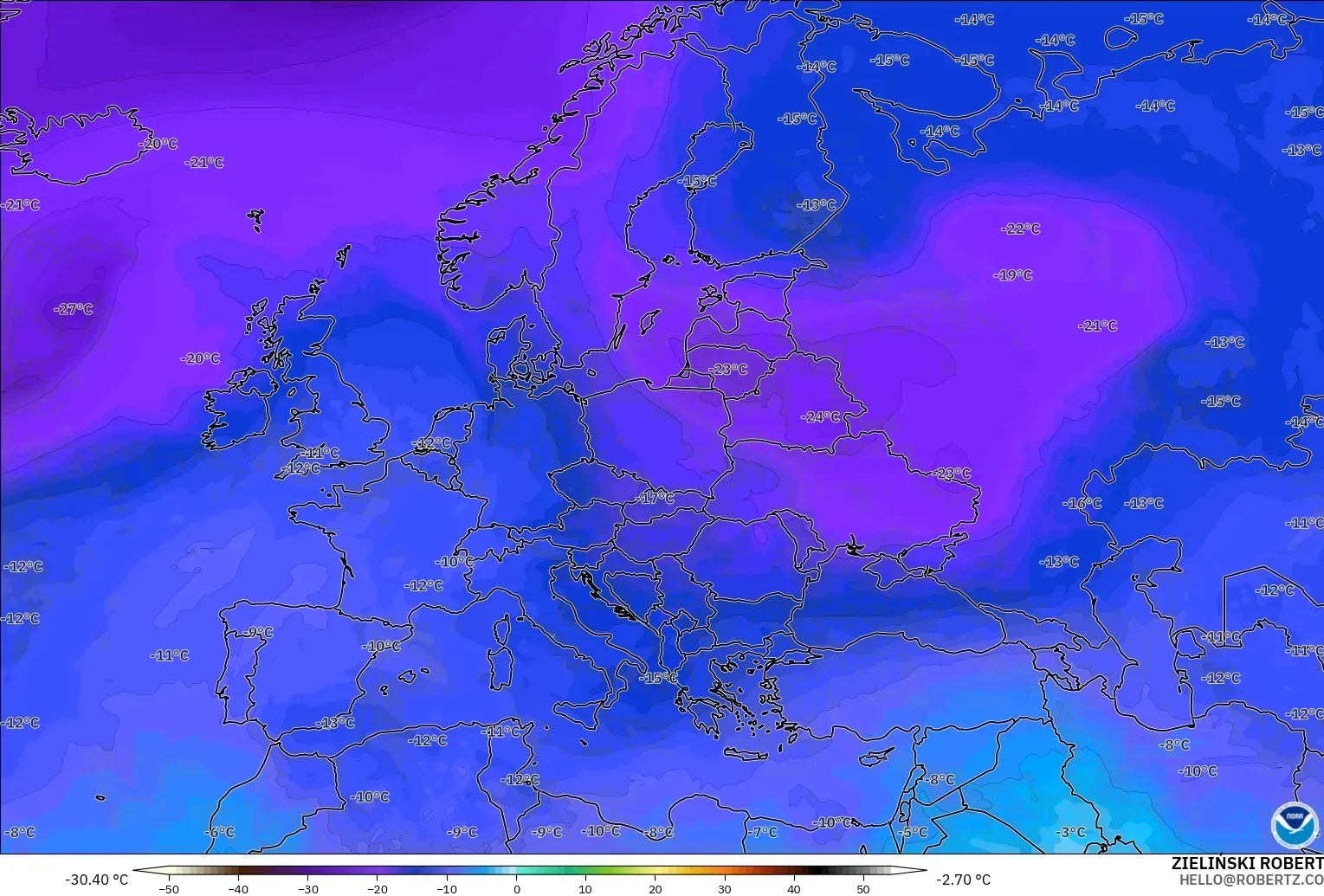 GFS model - Europe, Temperature at 500hPa