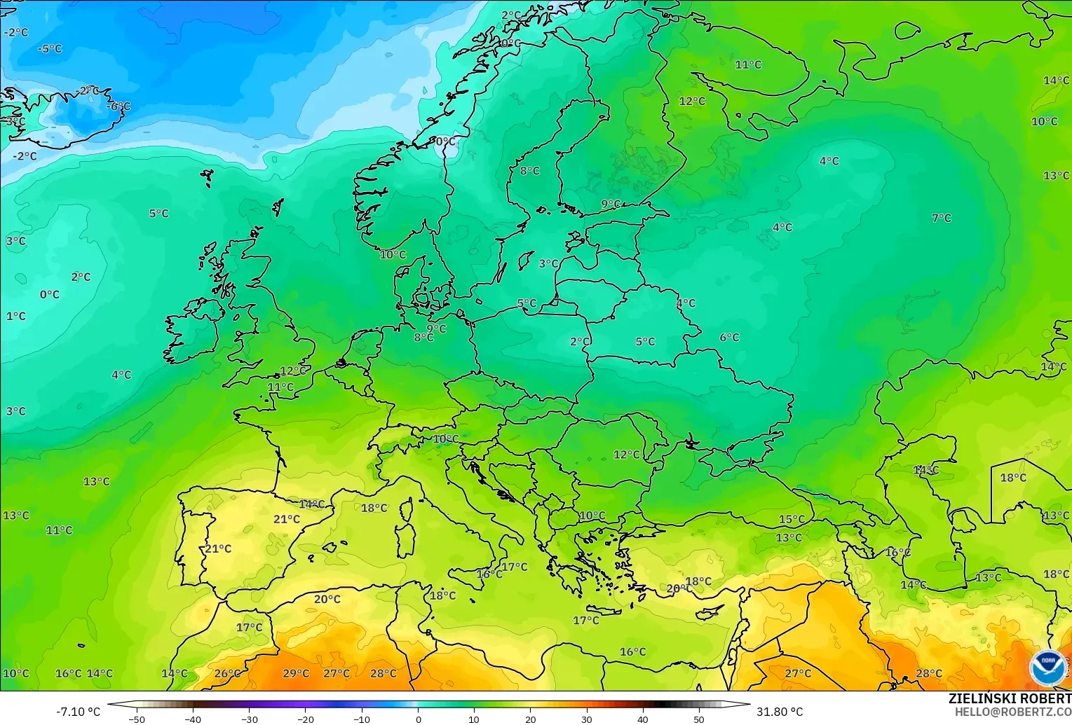 GFS model - Europe, Temperature at 850hPa
