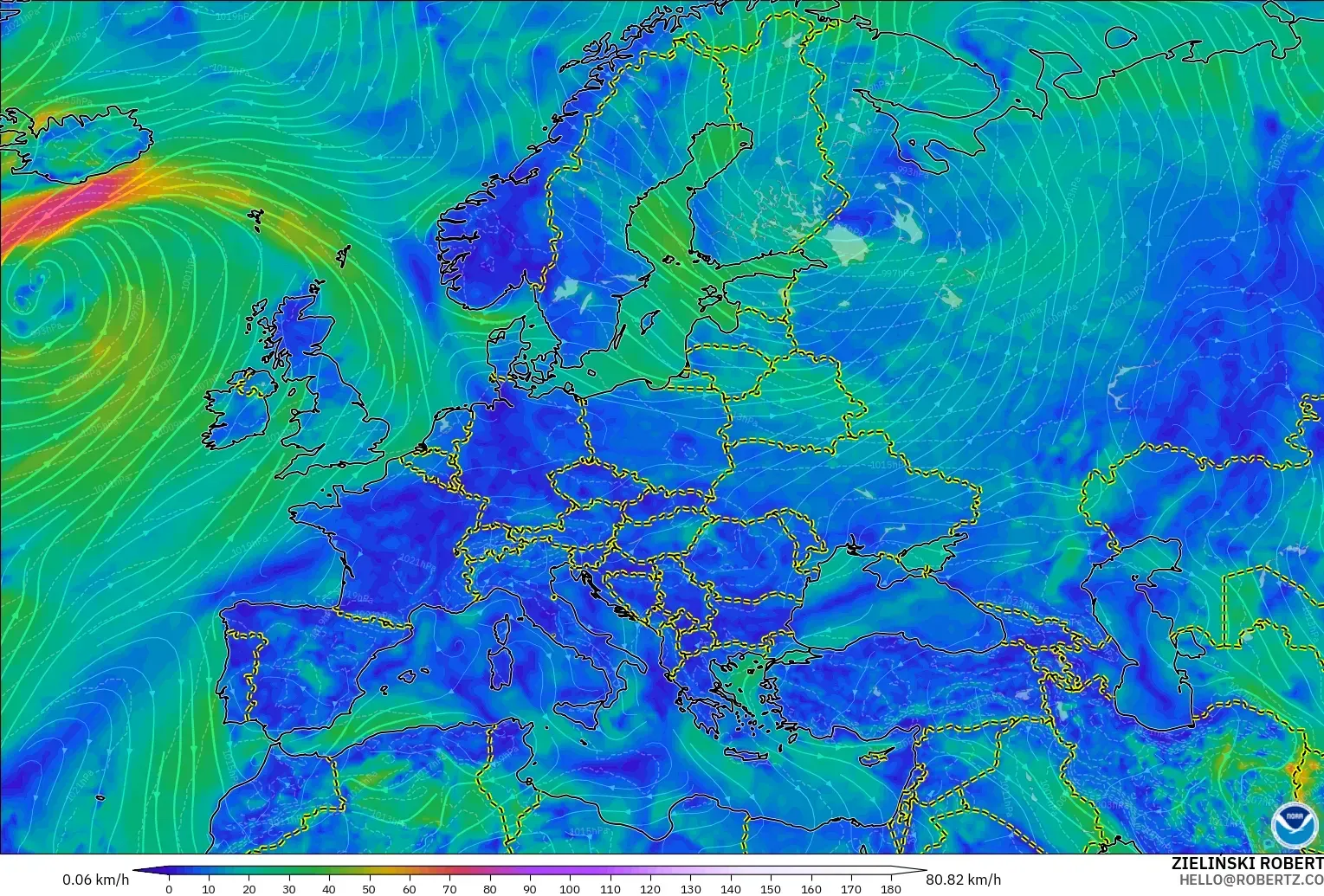 GFS model - Europe, Wind at 10m