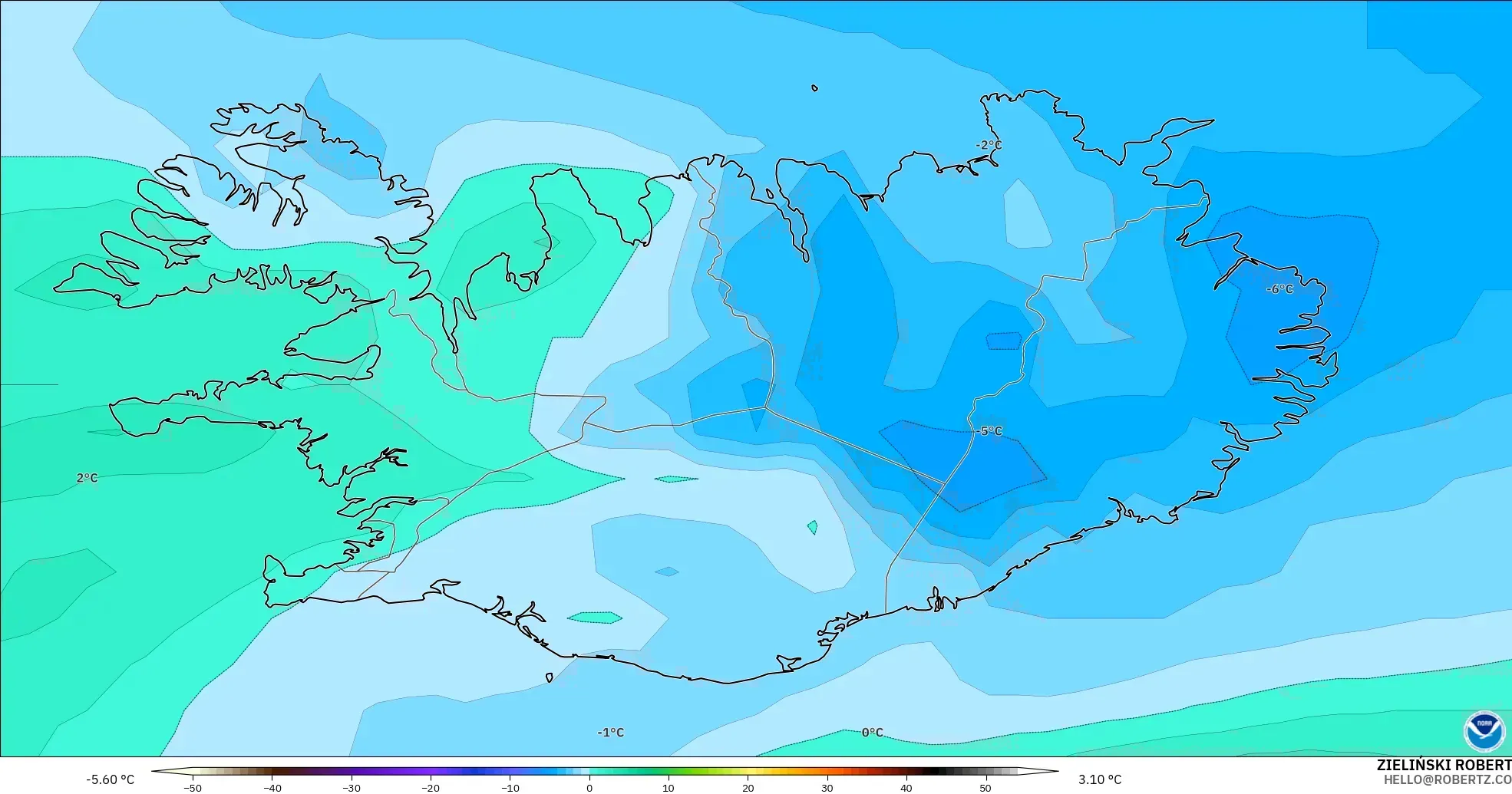GFS model - Iceland, Temperature at 850hPa