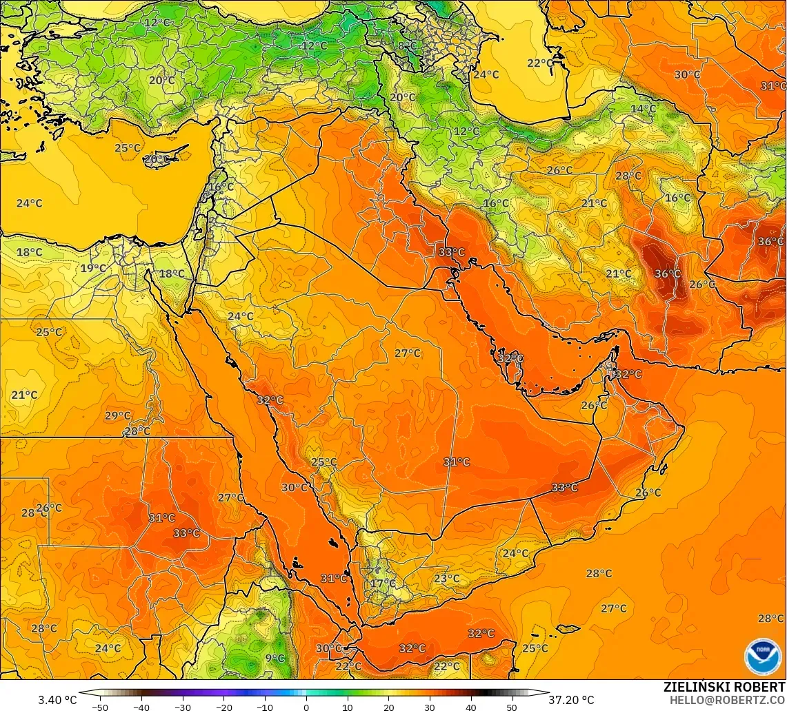 GFS model - Middle East, Temperature at 2m