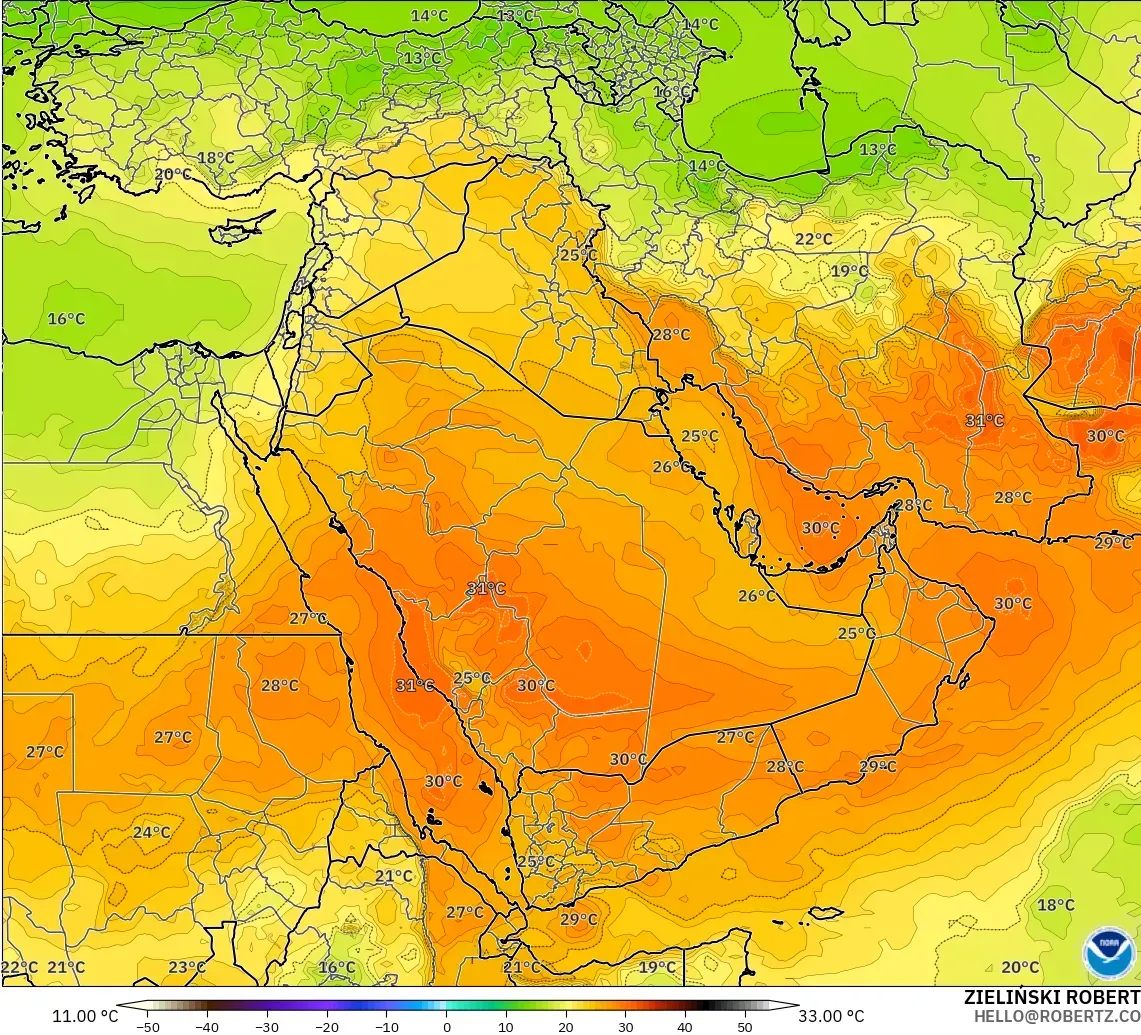 GFS model - Middle East, Temperature at 850hPa
