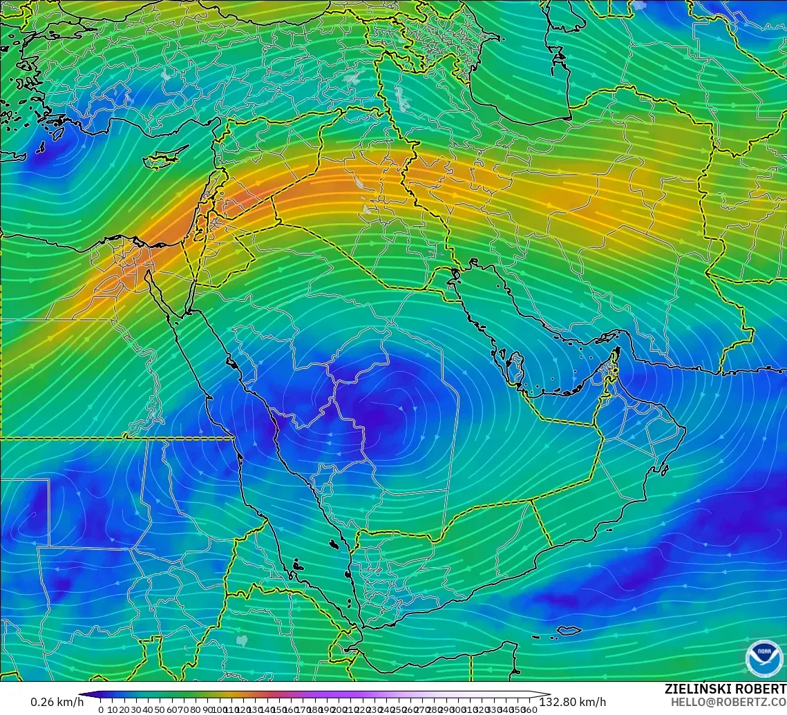 GFS model - Middle East, Wind at 300hPa (jet stream)