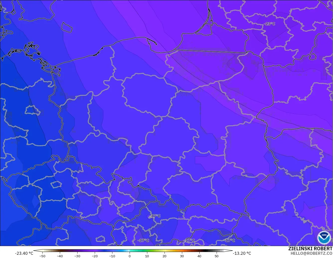 GFS model - Poland, Temperature at 500hPa