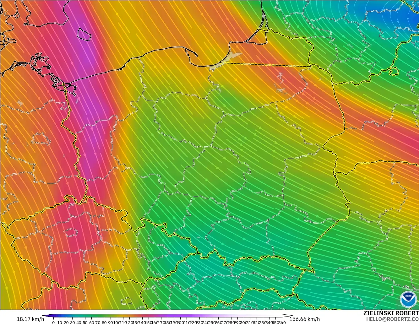 GFS model - Poland, Wind at 300hPa (jet stream)