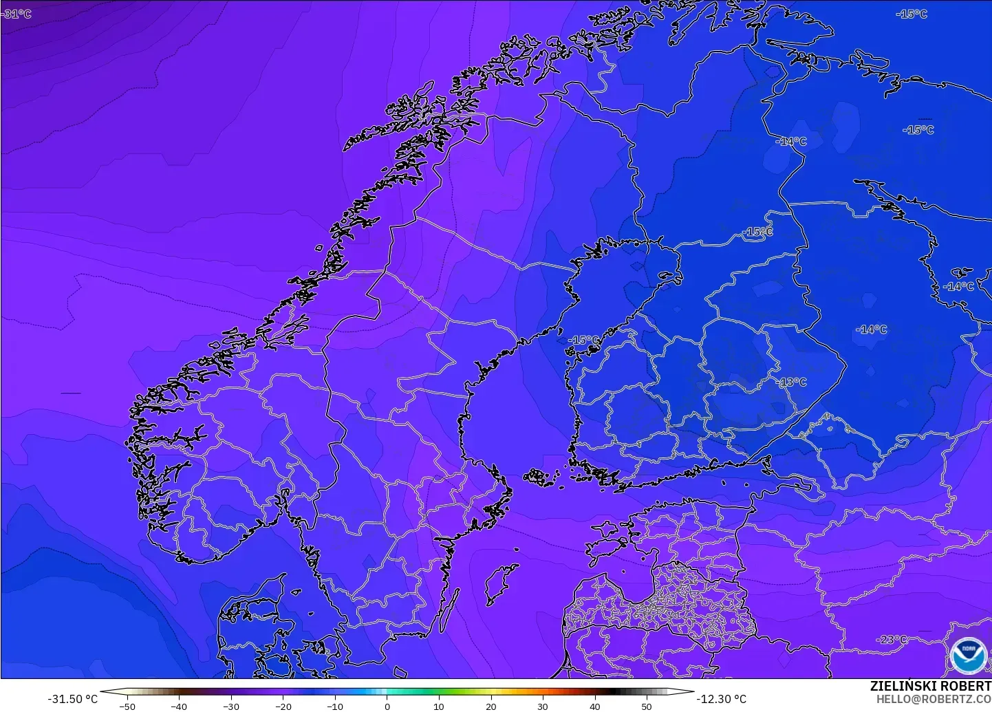 GFS model - Scandinavia, Temperature at 500hPa