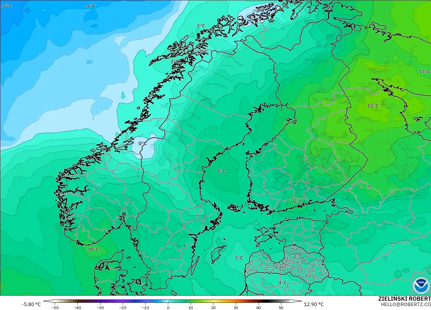 GFS model - Scandinavia, Temperature at 850hPa