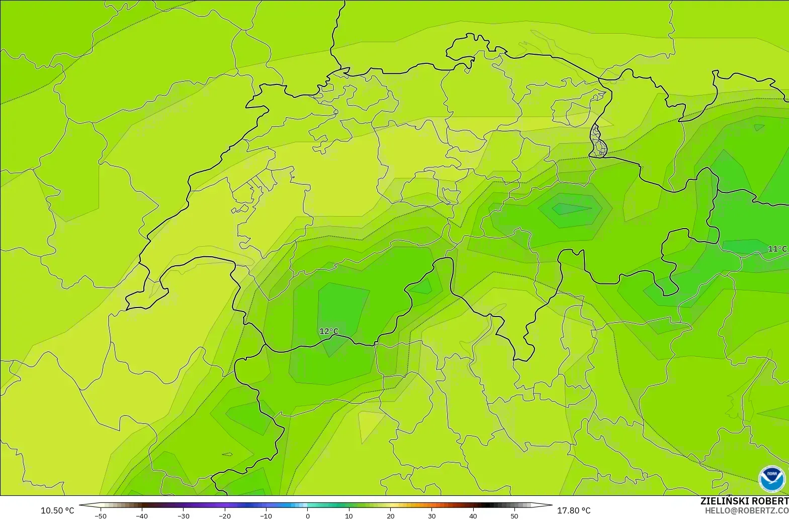 GFS model - Switzerland, Temperature at 850hPa